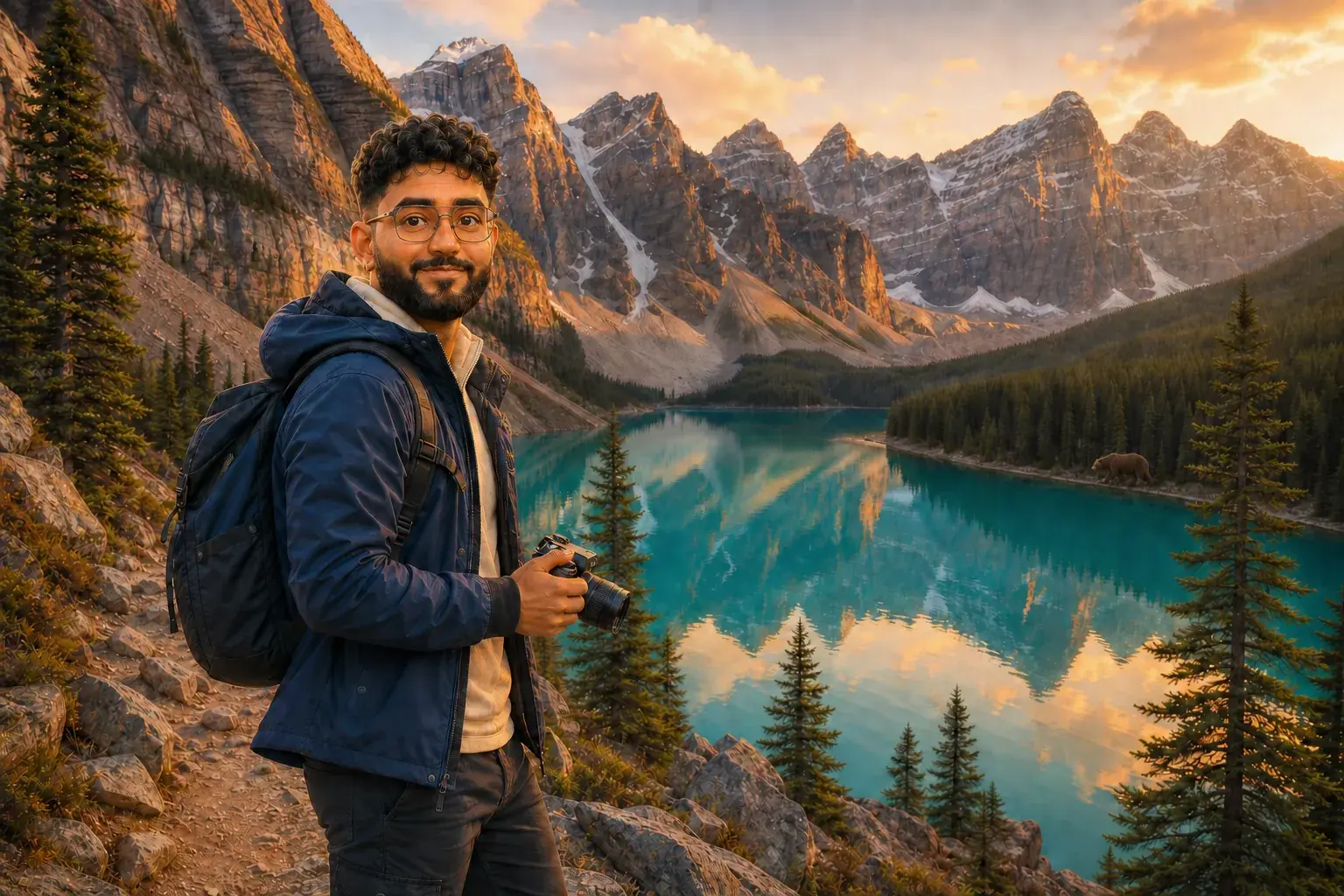 Ajay above a turquoise glacial lake in the Canadian Rockies at golden hour, a grizzly on the far shoreline