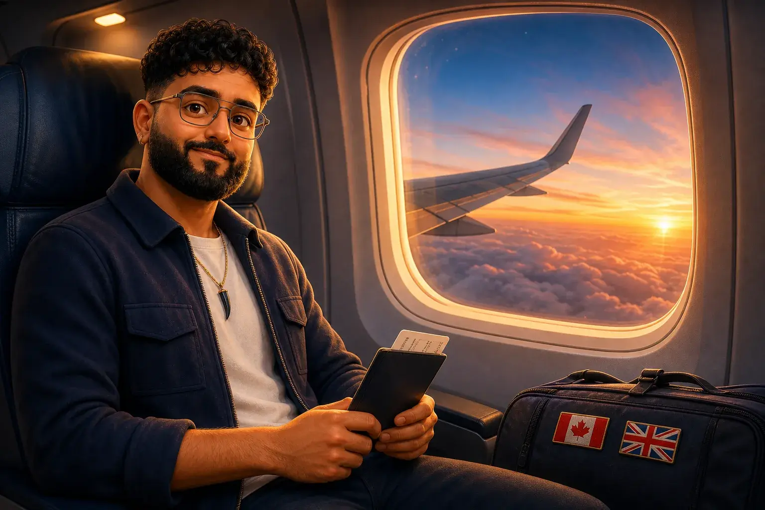 Ajay on a flight between the UK and Canada, the wing and a sunset through the window