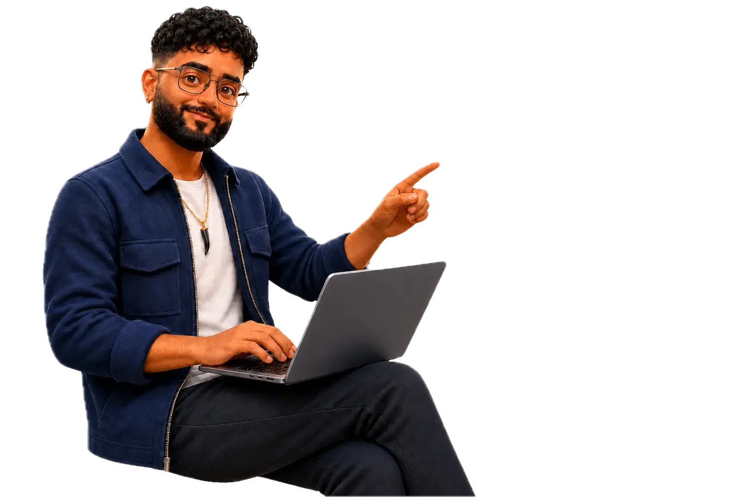 Illustration of Ajay coding and pointing to his work