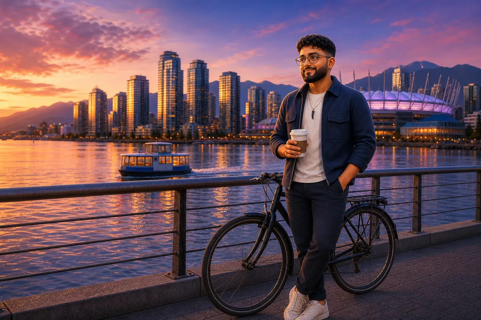 Ajay with a bicycle on the Vancouver seawall at sunset, the downtown skyline behind him